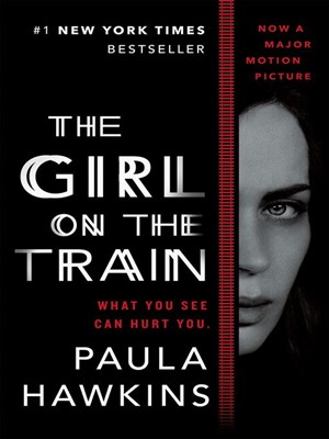 The Gir on the Train book cover/movie poster featuring Emily Blunt, who plays the lead character Rachel. Image via overdrive.com.